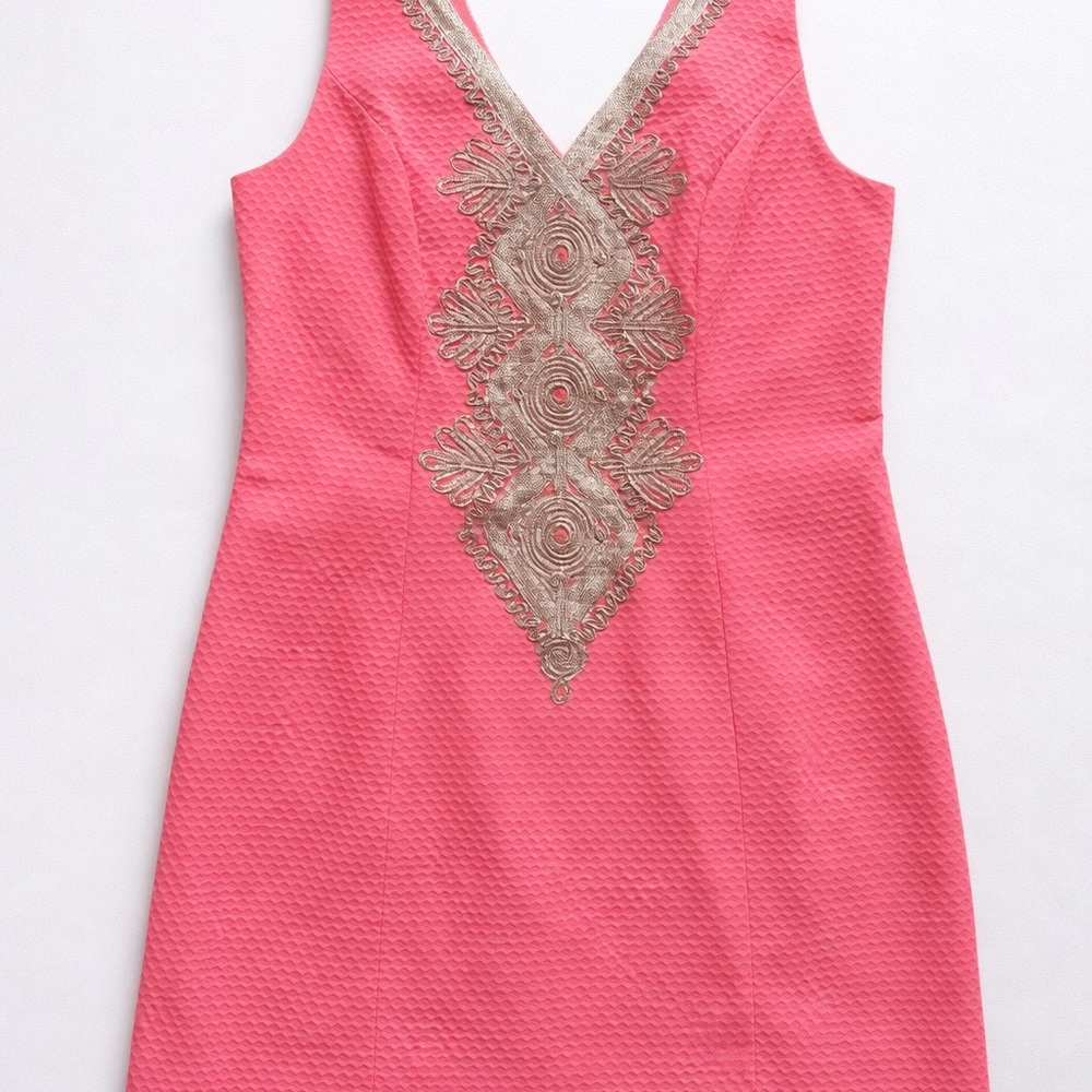 Lilly Pulitzer Pink Textured Shift Dress Women’s Size 2 Embroidered V Neck